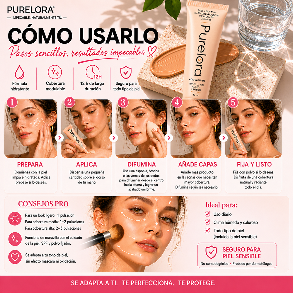 💖【Tienda Oficial】PURELORA® Base de maquillaje Adapta Shade — Base de maquillaje con cuidado de la piel que se adapta al tono