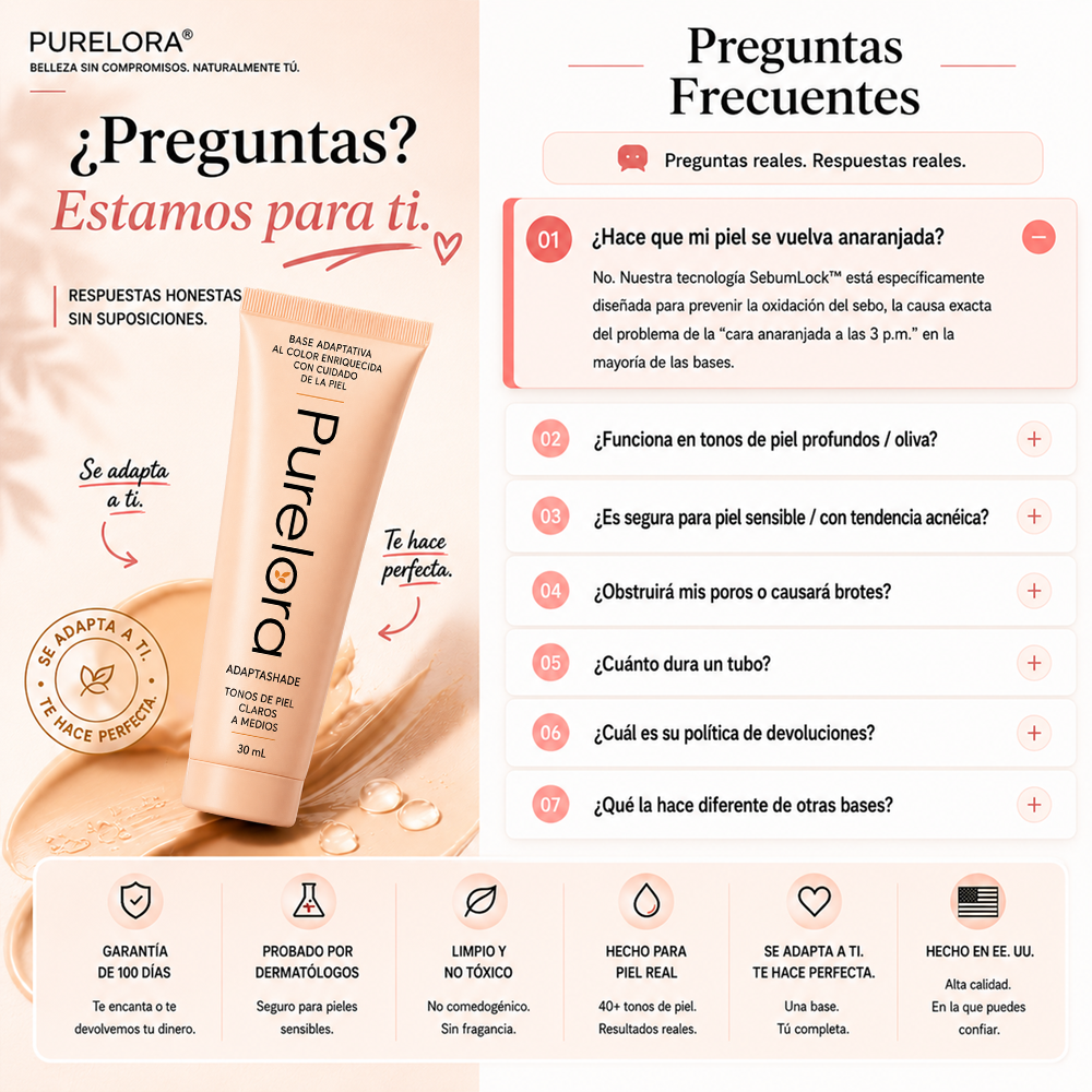 💖【Tienda Oficial】PURELORA® Base de maquillaje Adapta Shade — Base de maquillaje con cuidado de la piel que se adapta al tono