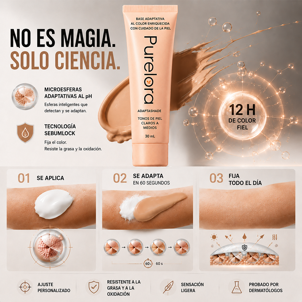 💖【Tienda Oficial】PURELORA® Base de maquillaje Adapta Shade — Base de maquillaje con cuidado de la piel que se adapta al tono