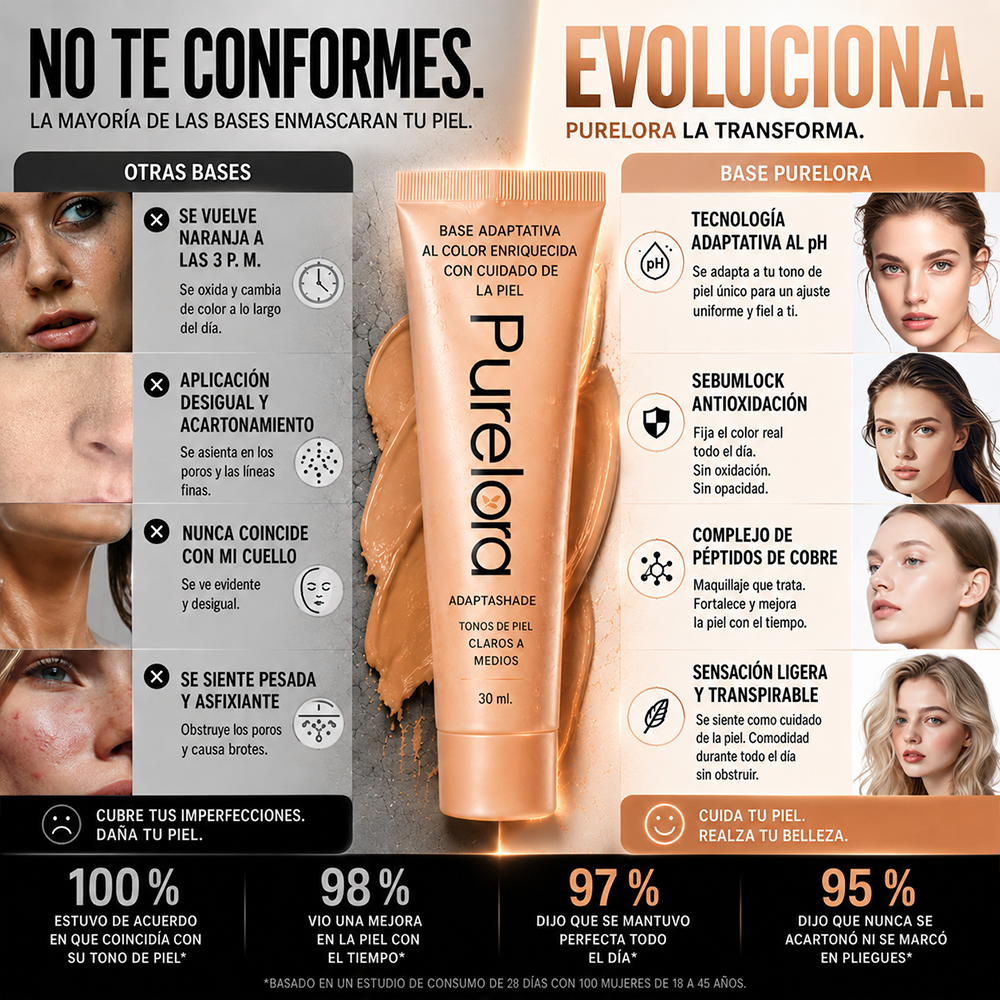 💖【Tienda Oficial】PURELORA® Base de maquillaje Adapta Shade — Base de maquillaje con cuidado de la piel que se adapta al tono