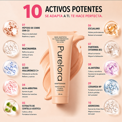 💖【Tienda Oficial】PURELORA® Base de maquillaje Adapta Shade — Base de maquillaje con cuidado de la piel que se adapta al tono